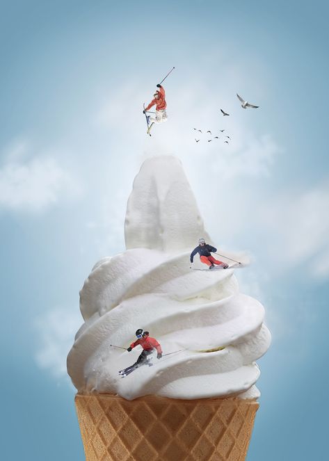 ICE CREAM SKI RESORT Ice Cream Surrealism, Montage Graphic Design, Ski Collage, Ice Cream Collage, Collage Advertisement, Ice Cream Mountain, What Is A Metaphor, Creative Ice Cream, Ice Cream Graphic