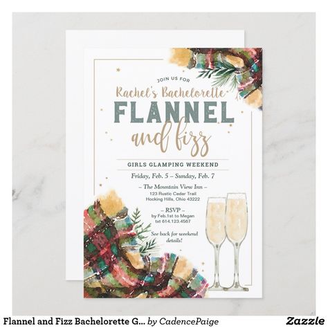 Bachelorette Glamping, Flannel And Fizz, Glamping Invitation, Bachelorette Gift Ideas, Bachelorette Card, Bachelorette Gift, Bachelorette Invitations, Girls Getaway, Wedding Gift Bags