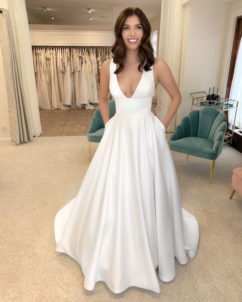 @thebridalstudioutah posted to Instagram: ⚪the Riley gown by @katemcdonaldbridal is perfect for our modern babes who want to keep it simple, but still fashion-forward.⚪ Available at The Bridal Studio in Salt Lake City, Utah Satin V Cut Wedding Dress, Minimalist Wedding Dresses Plunge, V Neck Classic Wedding Dress, Plunge Satin Wedding Dress, Wedding Dress For Big Busted Women, Silk Tank Top Wedding Dress, Wedding Dress For Bigger Bust, Classic V Neck Wedding Dress, Satin Deep V Wedding Dress