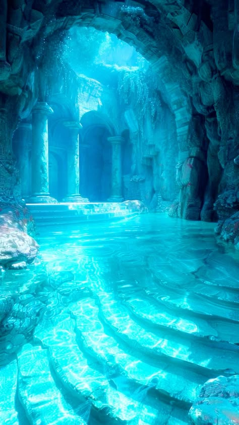 Dark Fantasy Writing, Water Guardian, Creepy Background, Underwater Temple, Underwater Palace, Nightcore Aesthetic, Temple Game, Water Cave, Mermaid Cave