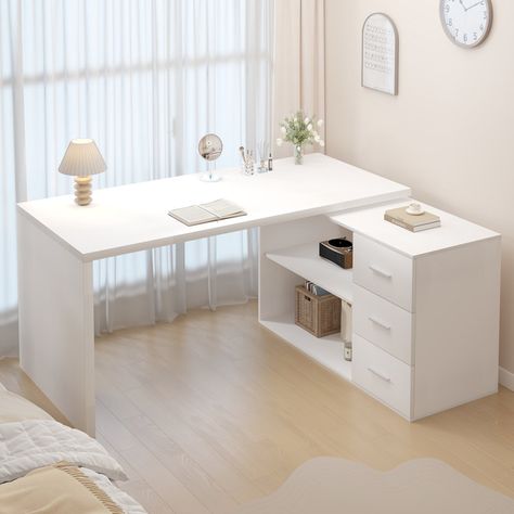 17 Stories Haven L-Shaped Desk & Reviews | Wayfair Study Desk With Drawers, L Shaped Desk Bedroom Layout, L Shaped Desk Ikea, Lagkapten Desk Ideas, White L Desk, L Shaped Desk Setup, Trotten Desk, Small L Shaped Desk, T Shaped Desk