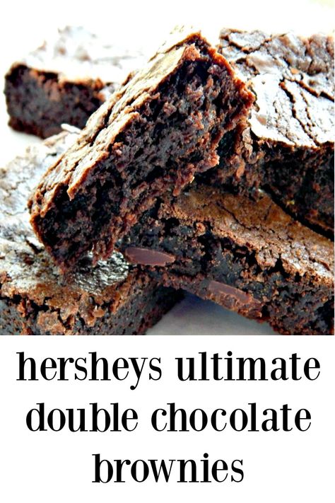 Hershey\'s Ultimate Double Chocolate Brownies are serious chocolate flavor; heavy, deep, dark and chewy with the hallmark shiny crust. #HersheysBrownie #HersheysUltimateDoubleChocolateBrownie Dark Chocolate Brownies Recipe, Ultimate Chocolate Brownies, Hershey Recipes, Double Chocolate Brownies, Hershey Candy Bars, Chocolate Chip Brownies, Dark Chocolate Brownies, Cocoa Recipes, Baking Items