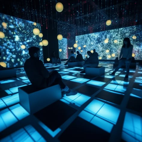 digital room, blue hues, immersive experience design Immersive Restaurant, Immersive Museum, Immersive Room, Projection Room, Immersive Theatre, Immersive Exhibition, Game Room Lighting, Experiential Art, Museum Branding