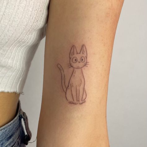 by @relodipokes on insta!! Enjajaja Tattoo, Kikis Delivery Tattoo, Jiji Kiki's Delivery Service Tattoo, Jiji Tattoo, Jiji Tattoo Studio Ghibli, Mn Tattoo, Kiki's Delivery Service Tattoo, Gigi Kiki’s Delivery Service Tattoo, Ghibli Tattoos