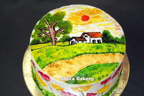 Nature's Love - Hand Painted on Whip Cream by Ankita Hand Painted Cake Designs, Whip Cream Cake, Whipped Cream Buttercream, Housewarming Cake, Whipped Cream Cake, Painting Cake, Nature Cake, Delicious Food Image, Cartoon Birthday Cake