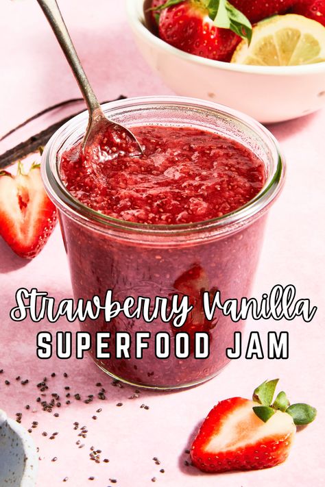 Strawberry Vanilla Superfood Jam @spabettie #glutenfree #vegan #superfood #chia #jam Strawberry Chia Jam, Jam Recipes Homemade, Chia Jam, Tomato Jam, Organic Maple Syrup, Sweet Dips, Crumble Bars, Easy Strawberry, Seasonal Food