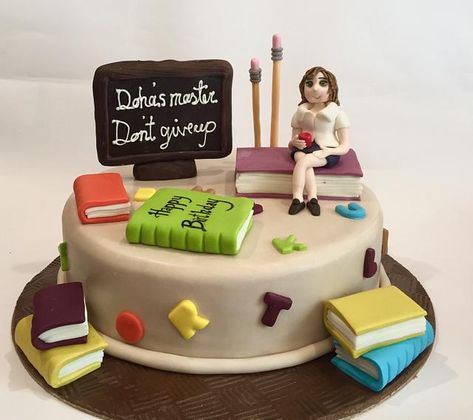 Costumized cake for doha’s master ,sponge chocolate cake filled with yummy Nutella & hazelnut Teacher Theme Cake, Book Theme Cake, Sponge Chocolate Cake, Success Cake, Nerd Cake, Teacher Birthday Cake, Ca Motivation, Teachers Day Cake, Happy Teacher Day