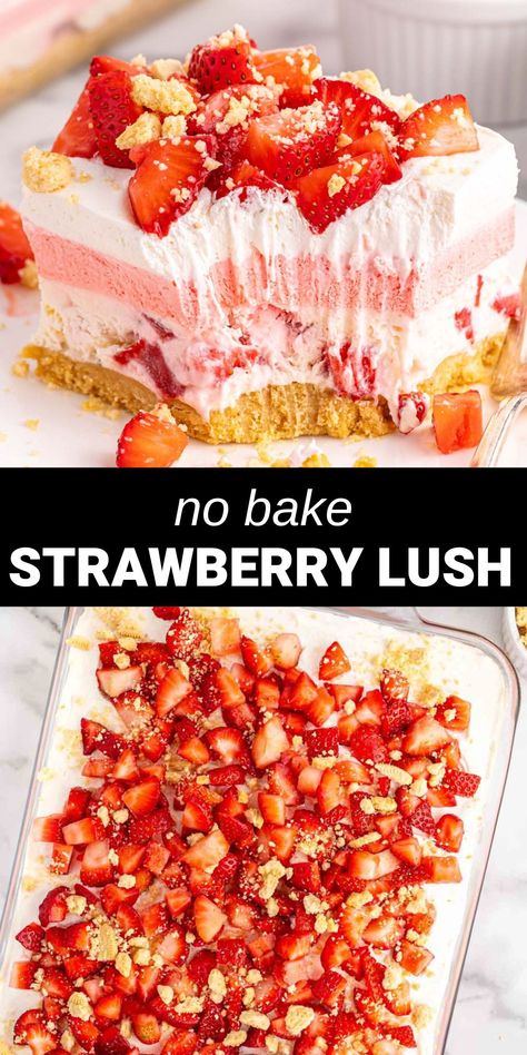 Strawberry Lush Strawberries And Cream Lush Dessert, Strawberry Jello Lasagna Recipe, Fluffy Pink Strawberry Delight, Desserts For Lasagna Dinner, Strawberry Jello Cream Cheese Dessert, Strawberry Surprise Dessert, Strawberry Fluff Cake, No Bake Strawberry Cheesecake Lush, Easy Birthday Food For A Crowd