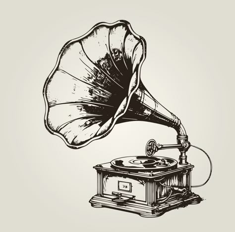 Gramophone Drawing, Record Player Tattoo, Gramophone Tattoo, Singing Drawing, Harry Potter Art Drawings, Engraving Tattoo, Music Box Vintage, Greek Tattoos, Music Illustration