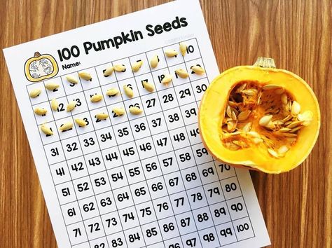 Use a hundreds chart to help students count pumpkin seeds. Pumpkin Seed Counting, Pumpkin Learning Activities, Seeds Preschool, Pumpkin Literacy, Pumpkin Math Activities, Pumpkin Learning, Pumpkin Science, 100's Chart, Planting Pumpkins