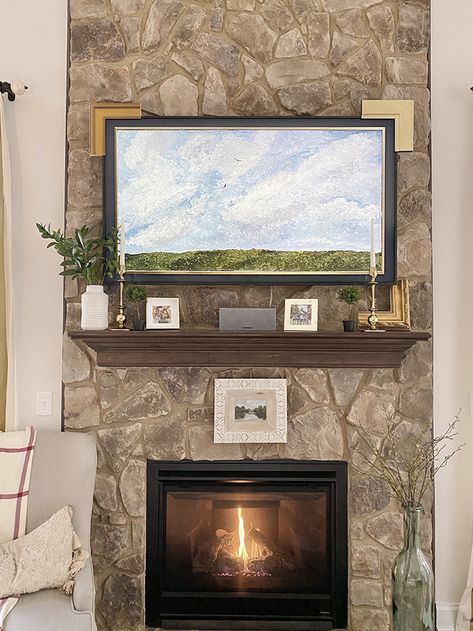 Framing Our Frame TV | Less Than Perfect Life of Bliss | home, diy, travel, parties, family, faith Frame Tv Over Stone Fireplace, Frame Tv On Stone Fireplace, Tv On Stone Fireplace, Grey Stone Fireplace, Surprises For Husband, To My Husband, Diy Travel, Brother And Sister, Samsung Frame Tv