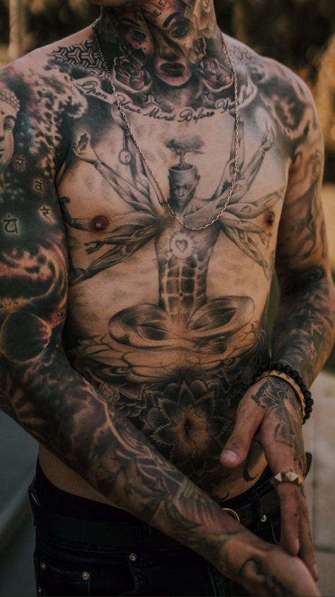 Tattoo from @juliangreene1 Full Body Tattoo Man, Torso Tattoo Men, Full Body Tattoo Men, Mens Body Tattoos, Word Tattoo Ideas, Full Tattoo, Man Tattoo, Torso Tattoos, Word Tattoo