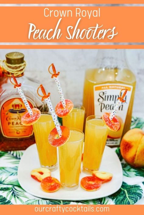 crown royal peach shooters on counter Peach Crown Royal Drink Recipes, Peach Crown Royal Recipes, Crown Royal Recipes, Crown Drink, Crown Royal Peach, Shots Alcohol Recipes, Crown Royal Drinks, 5 Oclock, Alcoholic Punch Recipes