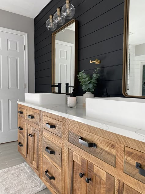 Wood Bathroom Remodel, 2 Separate Vanity Master Bath, Bead Board Master Bath, Bathroom Mood Board Master Bath, Black Farmhouse Master Bath, 78 Inch Bathroom Vanity, Farmhouse Bathrooms Modern, Iron Ore Master Bath, Shiplap Bathroom Accent Wall Master Bath