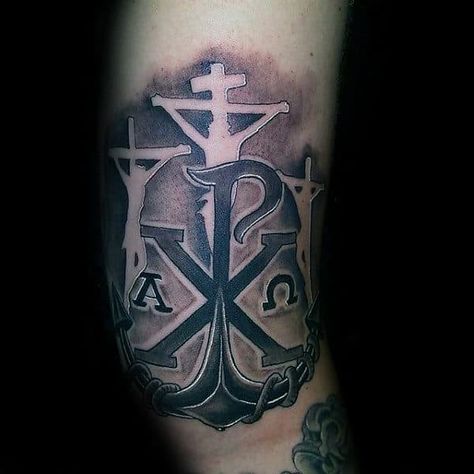 Jesus On The Cross Mens Negative Space Chi Rho Arm Tattoos Chi Rho Tattoo, Masculine Monogram, Religous Tattoo, Symbol Ideas, Christus Tattoo, Modern Body Art, Shield Tattoo, Chi Rho, Viking Shield