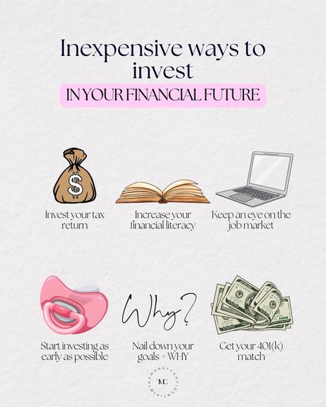 Inexpensive ways to invest in your financial future: 1️⃣ Invest your tax return If you get one, invest it! I know this can be “expensive” in that it may not be a small dollar amount. But, it is inexpensive in that it can still be painless vs taking that amount out of a paycheck. 2️⃣ Increase your financial literacy Don’t try to learn EVERYTHING before going out there and taking on your finances, but enough to get started. You can always learn more as you go ❤️. Also, I recommend findi... Investments Aesthetic, Personal Finance Aesthetic, Money Woman, Money Saving Methods, College Motivation, Money Saving Techniques, Saving Techniques, Money Financial, Investing Tips