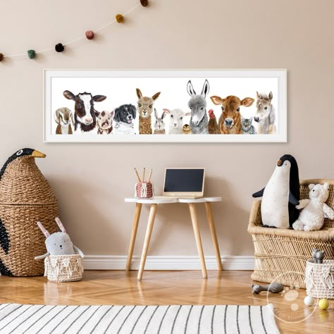 "This farm animal nursery decor is a print of my original barnyard animals mural art bringing all kinds of cuteness into the room! The pano nursery print is in a 4:1 format and is gender neutral making it perfect farm nursery art for either baby girl or boy. QUALITY: The baby room decor is printed with the highest quality inks and fine art materials to ensure the farm animal nursery decor lasts for years to come. Details of the farm nursery art: ☛ FEEL GOOD ABOUT YOUR PURCHASE: 10% of Profits go Neutral Farm Animal Nursery, Farm Animal Playroom, Baby Animals Nursery Theme, Farm Animal Nursery Girl, Farm Animal Nursery Theme Gender Neutral, Baby Nursery Animals Theme, Farm Theme Baby Room, Gender Neutral Farm Nursery, Baby Girl Farm Nursery