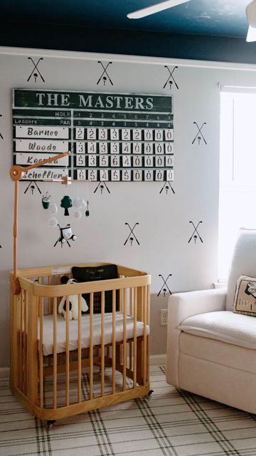 Shelby Barnes on Instagram: "Vintage Golf Nursery ⛳️   What’s your favorite part?!   #pregnancy #nursery #nurserydesign #nurseryinspo #nurseryideas #themasters #golflife #golfwang #vintagestyle #vintagedecor #diyhome #pregnancyannouncement #babyboy" Baby Boy Nursery Vintage Golf, Locker Room Nursery, Country Club Nursery, Modern Sports Nursery, Vintage Hockey Nursery, Golf Themed Room, Baby Boy Nursery Golf Theme, Golf Themed Nursery Ideas, Vintage Golf Nursery Baby Boy