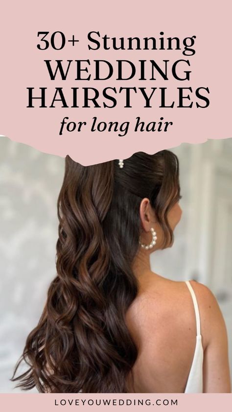 Discover the perfect elegant wedding hairstyles for long hair and find your perfect bride hairstyles! Whether you’re looking for long half up, updo, bun or down wedding hairstyle, we’re sharing long bride hair ideas for curly, straight, braids, blonde hair, and more. Click through for the best long wedding hair trends and wedding hair down. Bridal Hair Straight Long, Long Wedding Hairstyles Down, Half Up Half Down Wedding Hair Straight, Elegant Bride Hairstyles, Hair Ideas For Curly, Bride Hair Ideas, Bridal Hair Long, Straight Braids, Bride Hairstyles For Long Hair