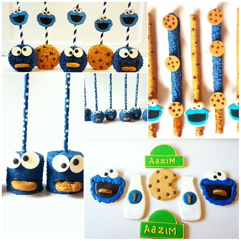 Cookie Monster Pretzel Rods, Cookie Monster Rice Krispie Treats, Cookie Monster Treats, Rice Krispie Treats Chocolate, Cookies Monster, Covered Pretzel Rods, Monster Baby Showers, Desserts Table, Chocolate Dipped Treats