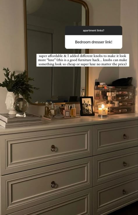 Eclectic Vanity Room, Vanity Styling Bedroom, Dresser Aesthetic Decor, Dresser And Mirror Ideas, Dresser Decor Aesthetic, Mirror Dresser Decor, Dresser Vanity Bedroom, Dresser Aesthetic, Neutral Bedroom Decor