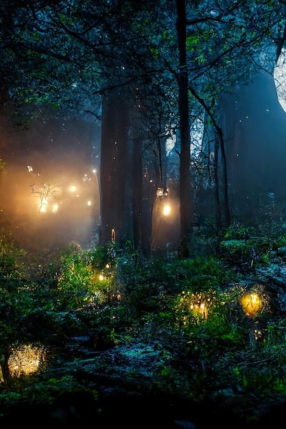 Dark fairytale fantasy forest night fore... | Premium Photo #Freepik #photo #fairy-forest #mystery-background #fantasy-forest #fantasy Fantasy Night, Forest Magic, Abstract Forest, Dark Fairytale, Forest Light, Forest Night, Fantasy Decor, Night Forest, Fairytale Illustration