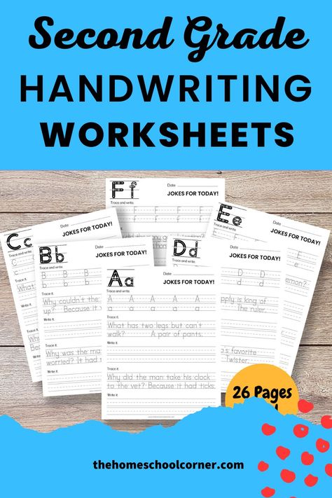 Ready to take your second grader's writing skills up a notch? These 26 handwriting worksheets have got them covered! From letter and sentence practice - plus the bonus of Joke of the Day sentences - developing their penmanship has never been more entertaining. Click the link to read the post about these 2nd-grade handwriting worksheets. Improving Handwriting Worksheets, Handwriting 2nd Grade, Second Grade Sentence Writing, Handwriting Worksheets 2nd Grade, Second Grade Handwriting Practice, First Grade Handwriting Practice Free, Better Handwriting Worksheets, 2nd Grade Handwriting, Handwriting Practice Sentences