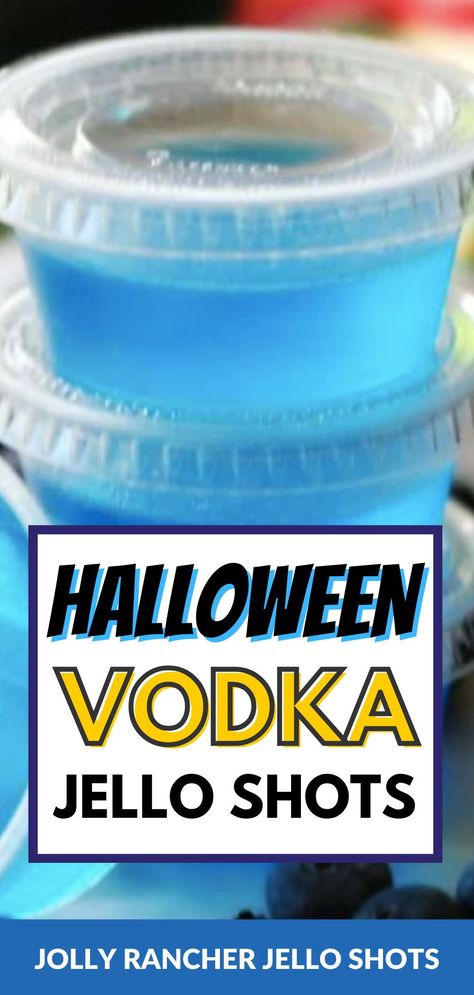 Here's a fun addition to your halloween party treats! A fun twist on vodka shots, these blueberry jolly rancher jello shots are always a big hit at parties! The over 18 alcoholic party recipe can also be made family friendly - just leave out the vodka! Blue Halloween Jello Shots, Berry Blue Jello Shots, Blue Raspberry Jello Shots, Jolly Rancher Jello Shots, Red Blue Jello Shots, Jello Shots Blue Raspberry, Quick Halloween Snacks, Uv Blue Jello Shots, Raspberry Jello Shots