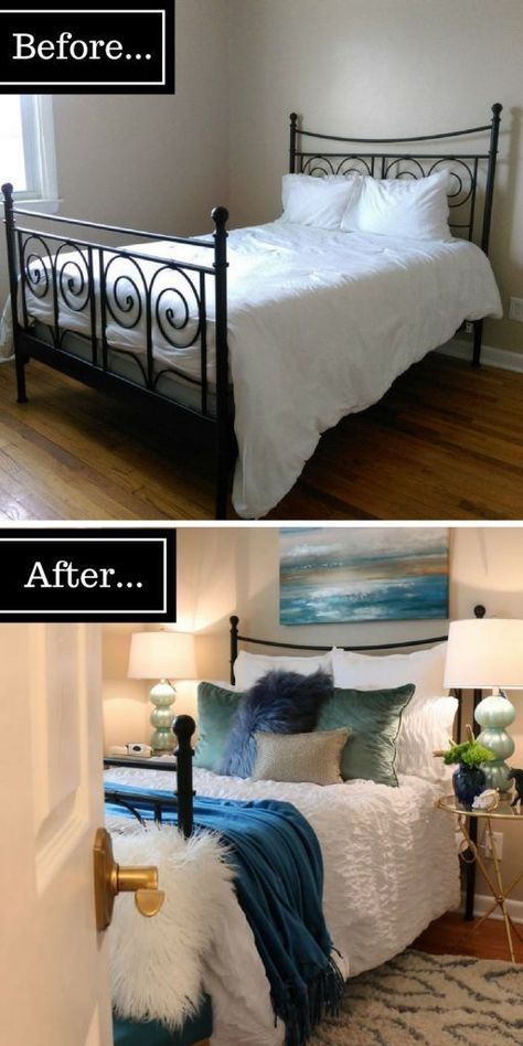 Guest Room Refresh Before & After : We did an easy, fast and inexpensive DIY that inspired this $300 guest room makeover. | www.onbetterliving.com Guest Room Makeover, Bedroom Makeover Before And After, Small Guest Rooms, Small Guest Room, Small Guest Bedroom, Guest Room Bed, Guest Room Design, Guest Bedroom Decor, Room Refresh