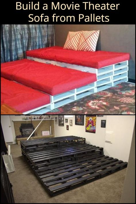 Cheap Movie Room Ideas, Diy Movie Seating, Cinema At Home Ideas, Pallet Movie Theater Seating, Garage Movie Theater, Movie Theater Couch, Couch Pit Movie Rooms, Room With Futon, Kids Tv Room