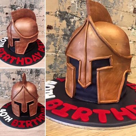 Spartan Helmet Cake Gladiator Birthday Party Ideas, Spartan Cake, Sparta Helmet Tattoo, Diy Gladiator Helmet, Gladiator Party, Knight Cake, Helmet Cake, Cars Theme Cake, Roman Helmet