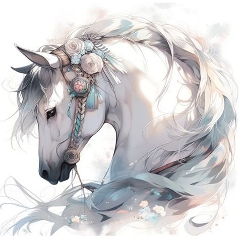 White Horse Fantasy Art, Horse Fantasy Art, Horse Anime, White Horse Art, Beautiful White Horse, Horse Images, Decorate Notebooks, Watercolor Cute, Watercolor Horse