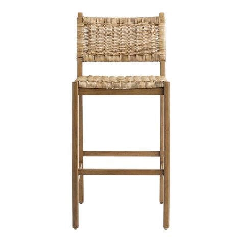 Amolea Wood and Rattan Barstool - World Market Wicker Barstools In Kitchen, Bar Stools Kitchen Island Modern, Counter Stool Ideas, Farmhouse Barstools, Honeysuckle House, Coastal Bar Stools, White Kitchen Bar Stools, Island Bar Stools, Woven Bar Stools