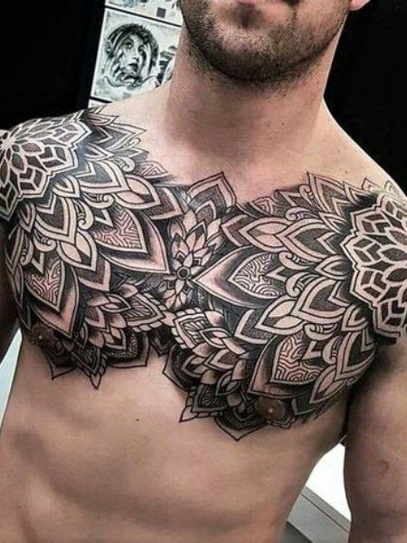 Mandala Chest Tattoo, Wolf Tattoo Forearm, Mandala Tattoo Designs, Mandela Tattoo, Full Chest Tattoos, Symmetrical Tattoo, Floral Mandala Tattoo, Chest Ideas, Tattoo Chest