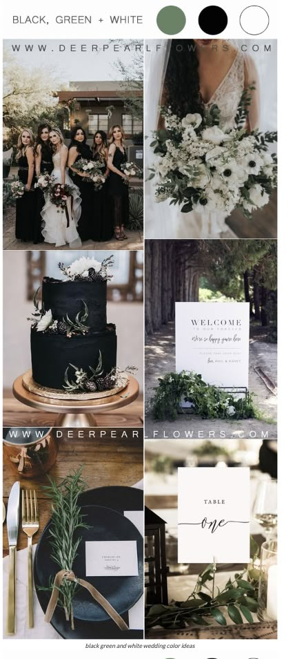 Black Green And White Wedding, Spring Wedding Green, White Wedding Decor, Green And White Wedding, Fall Wedding Color Schemes, Green Wedding Cake, Black And White Wedding Theme, Wedding Color Ideas, Wedding Color Combos