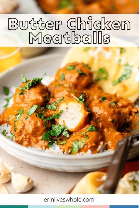 Treat your taste buds to Butter Chicken Meatballs served over rice with naan bread. The flavorful recipe infuses ground chicken meatballs with a mouth watering garlic, ginger, turmeric, garam masala, and curry powder sauce. Butter Chicken Meatballs, Ground Chicken Meatballs, Tzatziki Chicken, Sausage Cornbread Stuffing, Leftover Meatballs, Chicken Milk, Chicken Meatball Recipes, Chicken Marinade Recipes, Tasty Meatballs