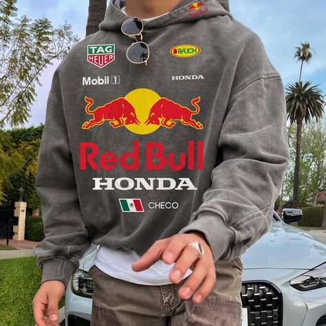 Oversize Leisure Racing Graphic Print Pocket Comfort Hooded Sweatshirt Redbull Hoodie Red Bull Hoodie, Graphic Hoodie Design, Racing Hoodie, Fashion Outerwear, Woman Vest, Sleeve Placket, Daily Quote, Casual Sweatpants, Outfit Inspo Casual