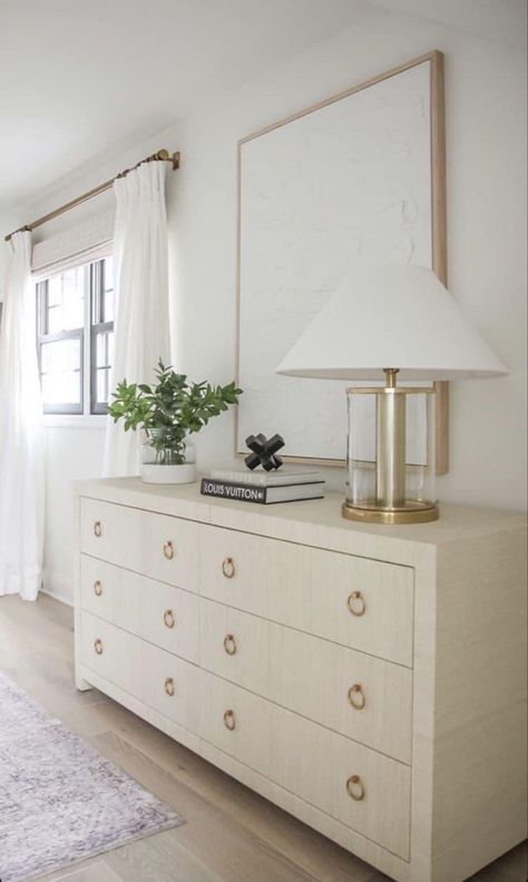 Chest Dresser Decor Bedroom, Bedrooms With Dressers, Dresser Wall Decor Bedroom, How To Decorate A Long Dresser, Decor Above Dresser Master Bedrooms, Beige Dresser Bedroom, Neutral Dresser Decor, Over Dresser Wall Decor Bedroom, Long Dresser Styling