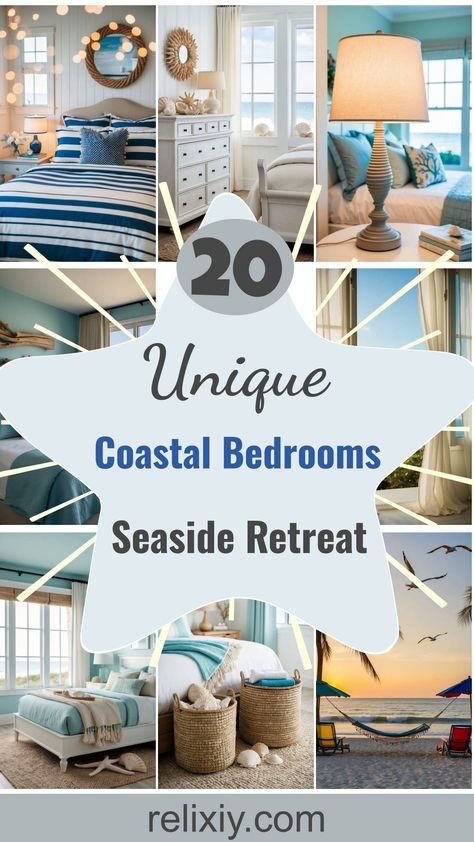 20 Unique Coastal Bedrooms For A Dreamy Seaside Retreat Beach Themed Art, Nautical Ideas, Nautical Artwork, Coral Sculpture, Seagrass Rug, Ocean Hues, Navy Pillows, Seaside Living, Striped Bedding