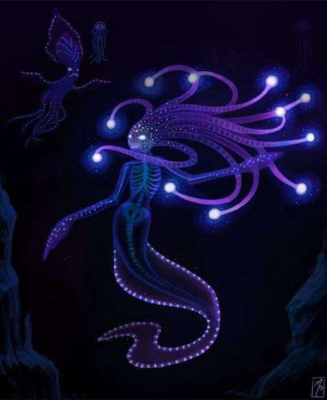 Bioluminescence Creatures Art, Bioluminescence Underwater, Bioluminescence Mermaid, Ocean People, Bioluminescence Drawing, Bioluminescent Mermaid, Bioluminescence Creatures, Mermaid Drawings, Ange Demon