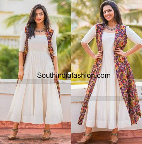 Kalamkari Jacket, Sruthi Hariharan, Jacket Kurti, Kalamkari Blouse Designs, Kurti With Jacket, Kalamkari Dresses, Turquoise Design, Gown Party Wear, Long Gown Design