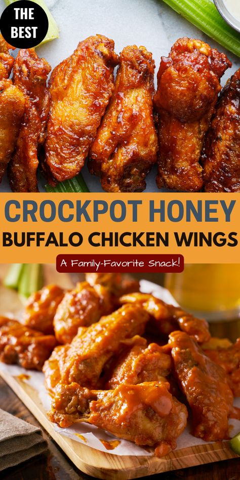 You won’t believe how easy and delicious these honey buffalo chicken wings are. They are made in the crockpot with a homemade spice blend and a rich honey buffalo sauce. Then they are broiled to perfection. Crockpot Hot Wings Buffalo, Crock Pot Chicken Wings Slow Cooker, Crockpot Chicken Wings Recipes, Buffalo Crockpot, Slow Cooker Wings, Honey Buffalo Wings, Crockpot Wings, Honey Buffalo Sauce, Crockpot Chicken Wings