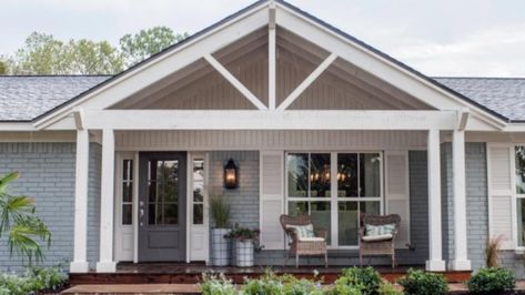 Open Gable Front Porch, Gable Front Porch, Gabled Porch, Porch Gable, Front Porch Remodel, Exterior Home Renovation, Front Porch Addition, Ranch House Remodel, Front Porch Makeover