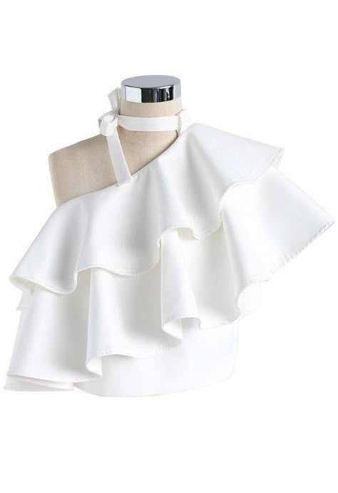 White One Shoulder Top, White Ruffle Shirt, Tie Choker, Cropped White Shirt, White Cold Shoulder Top, Crop Tops Shirts, One Shoulder Ruffle Top, Party Crop Tops, Ruffled Crop Top