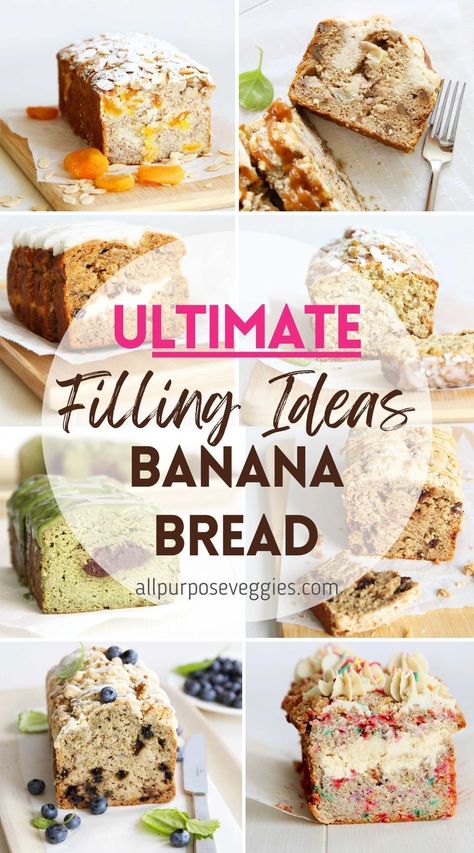 Want to take your banana bread game up a notch with some creative ideas?Packed with creative ingredients like chocolate chips, Nutella, oats, and more, this ultimate list of banana bread add in and filling ideas is sure to satisfy your cravings. #bananabread #bananabreadrecipes #bakingrecipes Banana Muffins Decoration, Selling Banana Bread, Banana Bread Variations Recipe, Ultimate Banana Bread, Banana Bread Presentation, Banana Bread Slice Packaging, Banana Bread Add Ins, Banana Bread Decoration, Unique Banana Bread Recipes