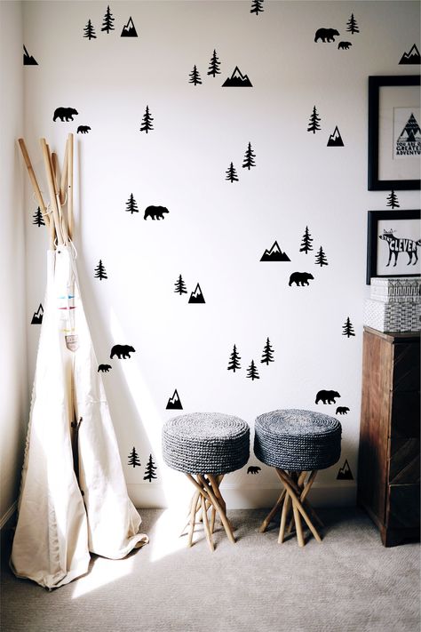 Wilderness Wall Decals Mountains Bears Trees Stickers - Etsy Wall Decals For Boys Bedroom, Camping Wall Decals, Mountain Accent Wall Nursery, Cricut Nursery, Trees Stickers, Wilderness Nursery, Nursery Accent Wall, Large Trees, Mountain Nursery