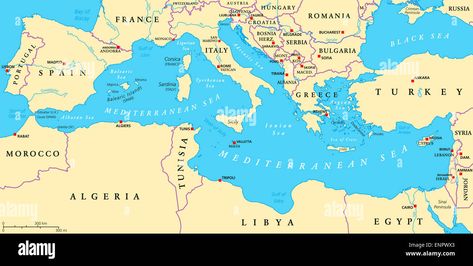 Sea Map, Southern Europe, Southern Italy, Illustrated Map, Red Sea, Mediterranean Sea, North Africa, World Map, Borders