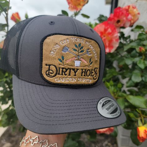 This Cute Hat is perfect for the gardener lovers!! It's fun and has a western feel, embroidered onto leather. Vintage embroidered look of design, embroidered onto the patch, and then secured onto the hat it self.♥  Thank you for supporting my small business!♥Crystal Funny Hat Patches, Christmas List Ideas For Women, Baseball Cap Design, Garden Hat, Gardening Hat, Hat Patch, Painted Hats, Boho Hat, Crown Vintage