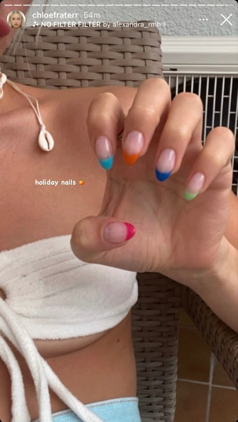 Euro Summer Nails 2023, Indie French Tip Nails, Short Nail Colorful French Tip, Easy Natural Nail Designs, Almond Nails Multicolor Tips, Short Almond Acrylic Nails French Tip Rainbow, Euro Summer Nails, Euro Nails, Holiday Nails Summer 2023