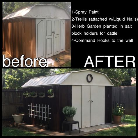 Metal Garden Yard Shed before and after Aluminum Shed Ideas, Painted Metal Shed Ideas, Metal Garden Shed Ideas, Back Of Shed Ideas, Patio Next To Shed, Shed Before And After, Metal Shed Painting Ideas, Planters Around Shed, Aluminum Shed Makeover